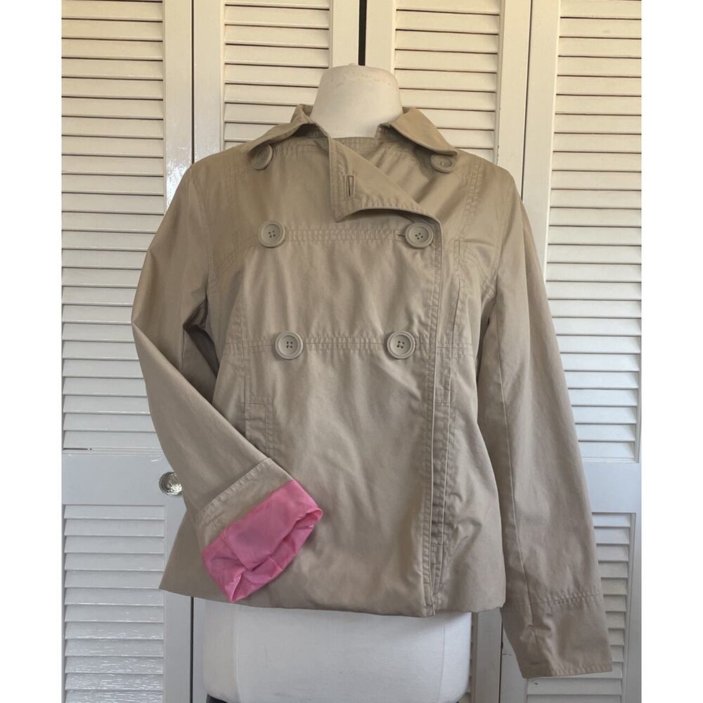 LL Bean Womens Pea Coat Size M Khaki Dune Dbl Breasted Spring Cotton Jacket EUC